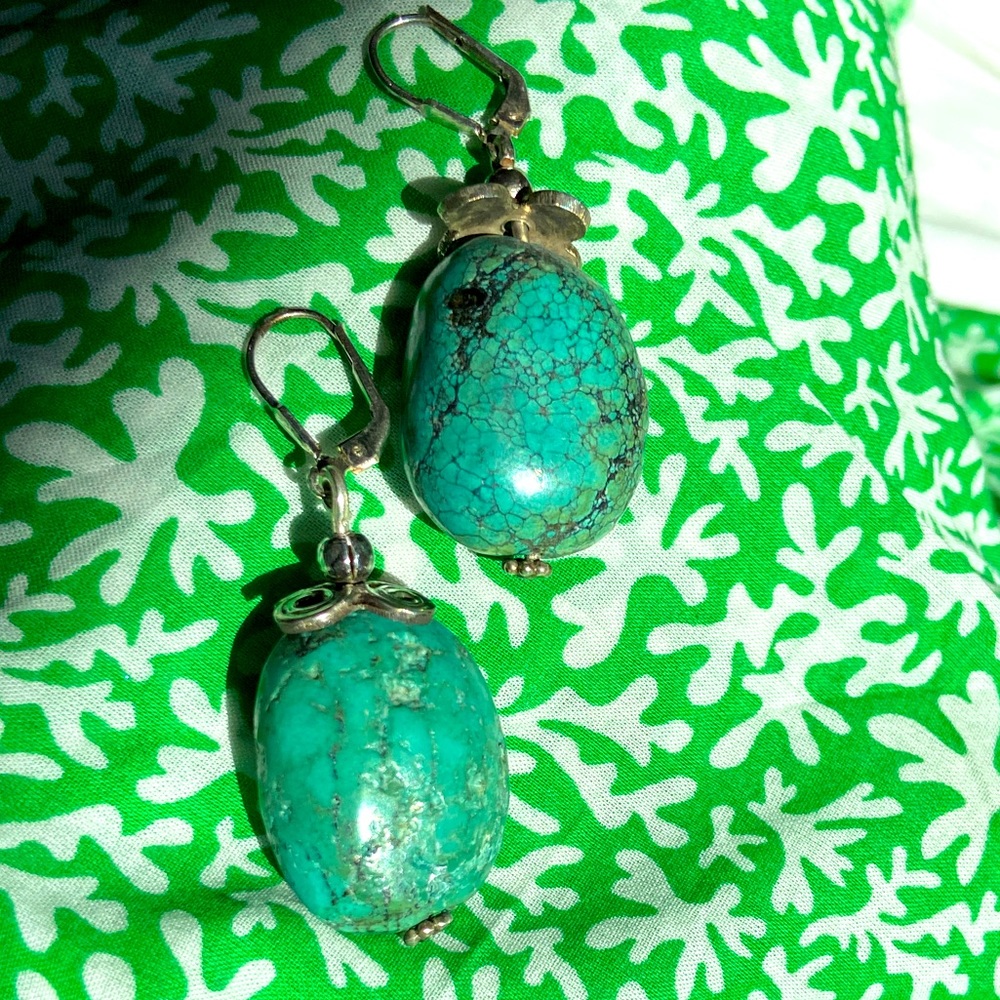 Big Solid Turquoise Dangle Earrings With Sterling… - image 1